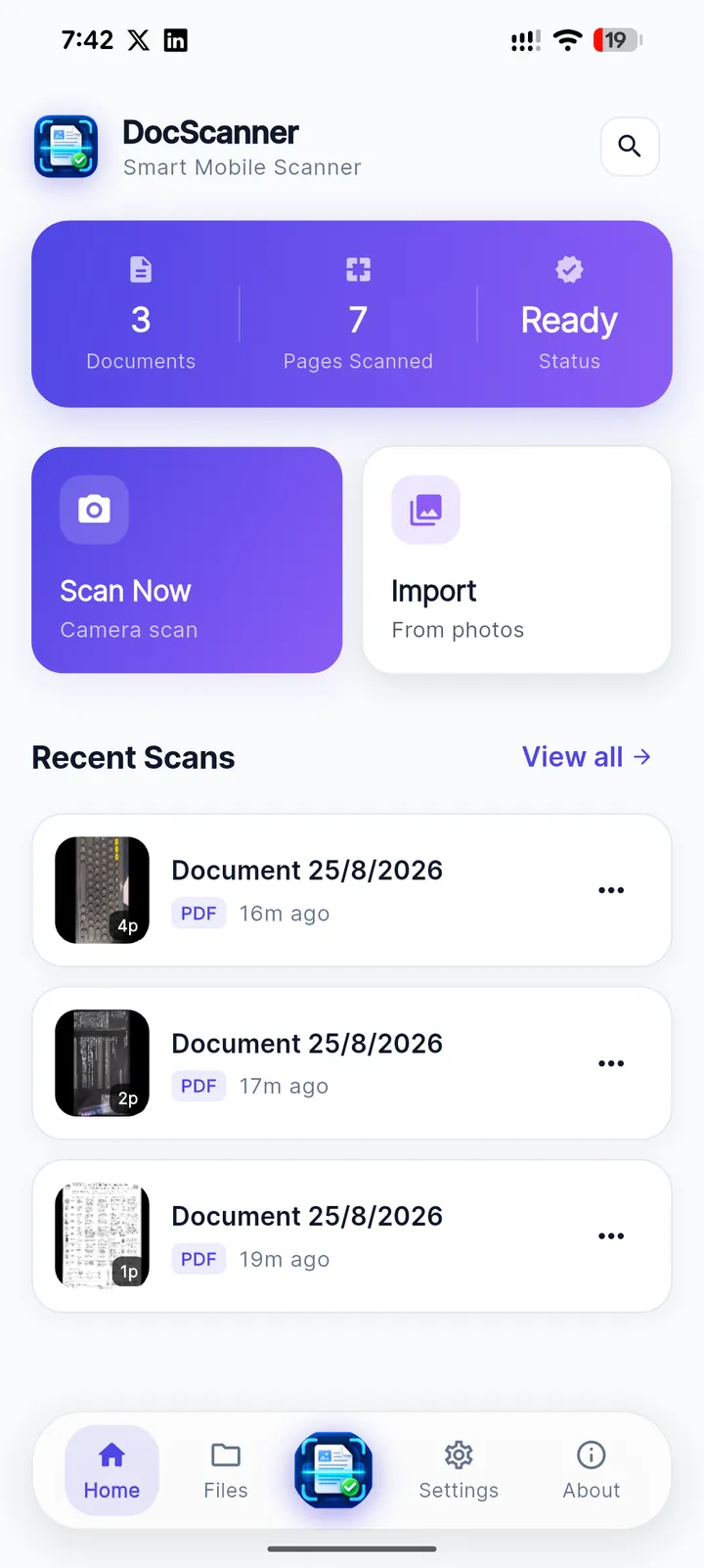 DocScanner Pro home screen with scan counts and recent scans