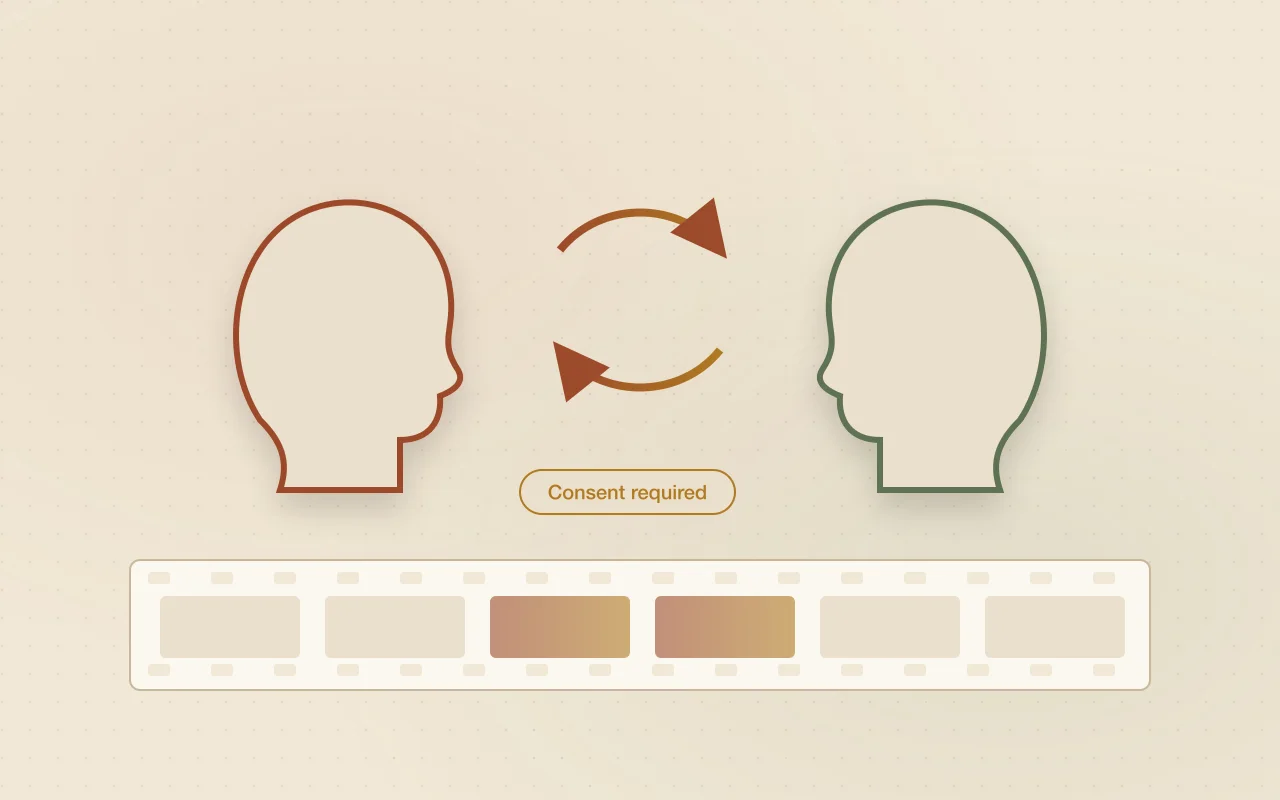 Illustration of two faces swapping above a film strip, with a consent reminder