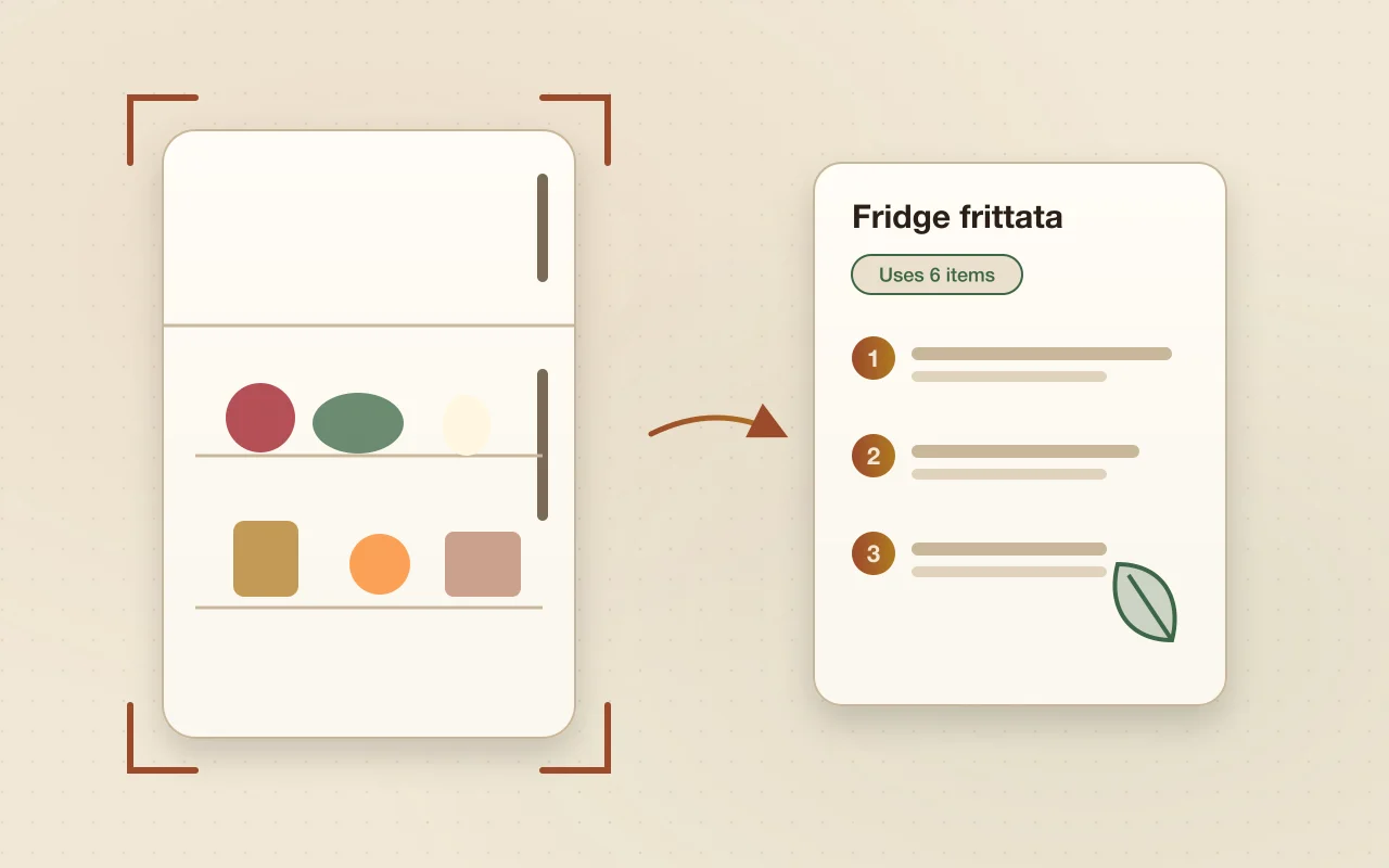 Illustration of a photographed fridge turning into a step-by-step recipe card