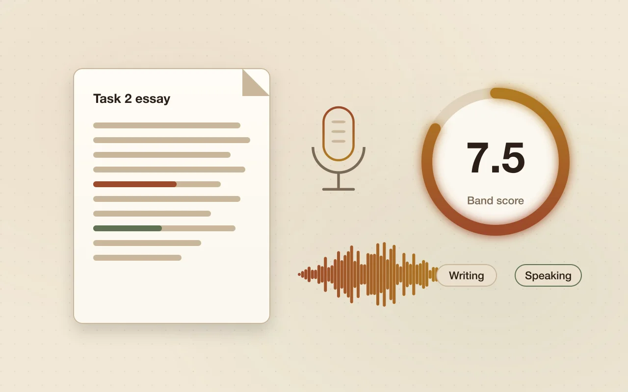 Illustration of an essay, a microphone with a voice waveform and a band score of 7.5