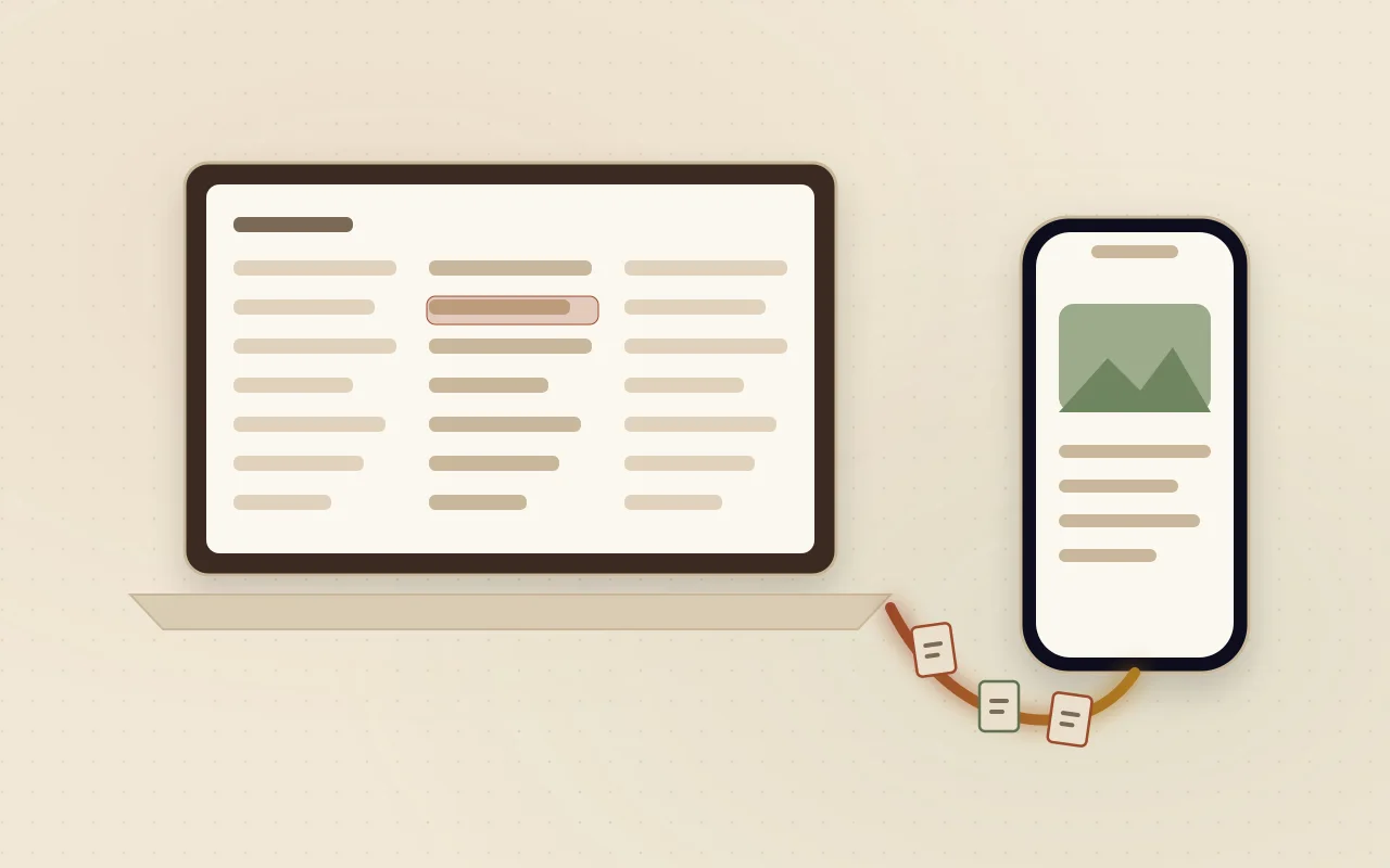 Illustration of a laptop and a phone connected by a USB cable with files moving between them