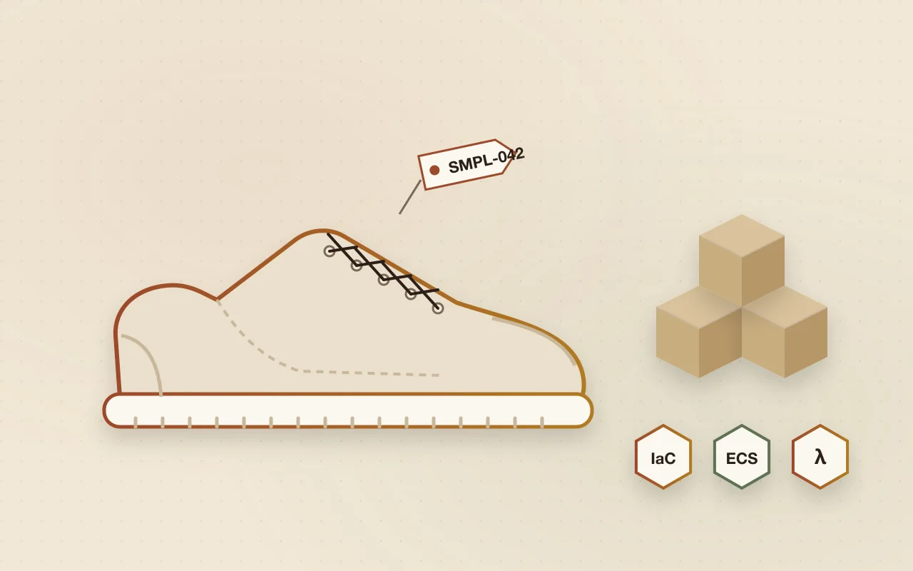 Illustration of a sneaker with a sample tag, shipping boxes and cloud infrastructure blocks