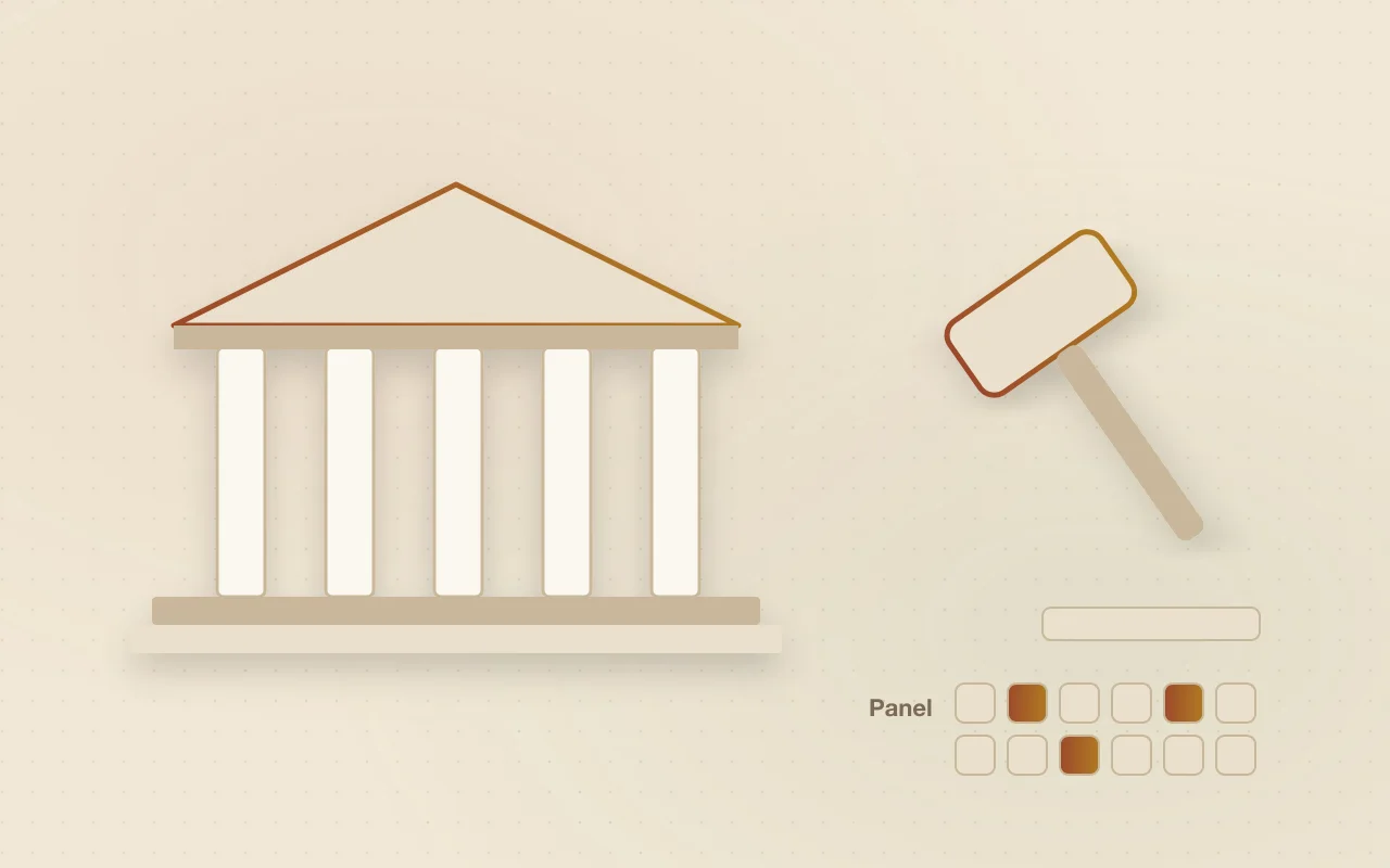 Illustration of a courthouse, a gavel and a jury panel seating grid